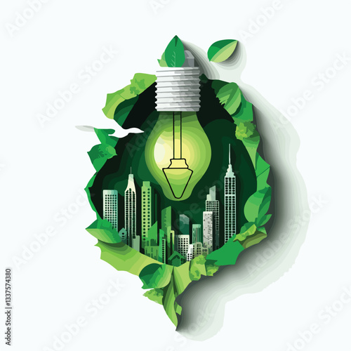 Eco-Friendly Light Bulb Paper Cutout with Green Eco City Illustration