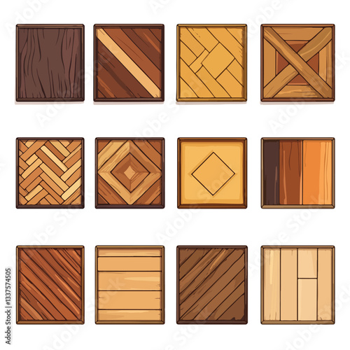 Parquet Laminate Cartoon Vector Set with Herringbone Design