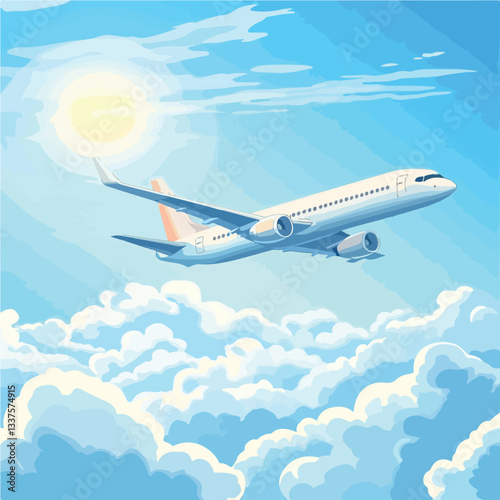 Passenger Airplane Soaring Above Clouds in Clear Blue Sky