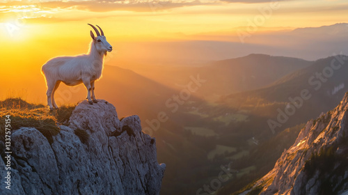 Alpine goat standing proudly on a high cliff, overlooking a stunning valley bathed in golden sunset light