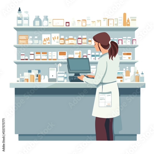 Professional Pharmacist at Counter in Pharmacy with Shelves