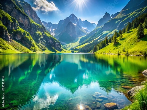 Breathtaking Vilsalpsee Alpine Lake: Majestic Mountain Reflections, Bokeh Effect
