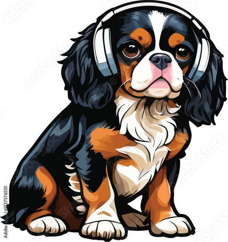 Playful Black & Tan Cavalier King Charles Spaniel, Cute Puppy Art for Dog Lovers