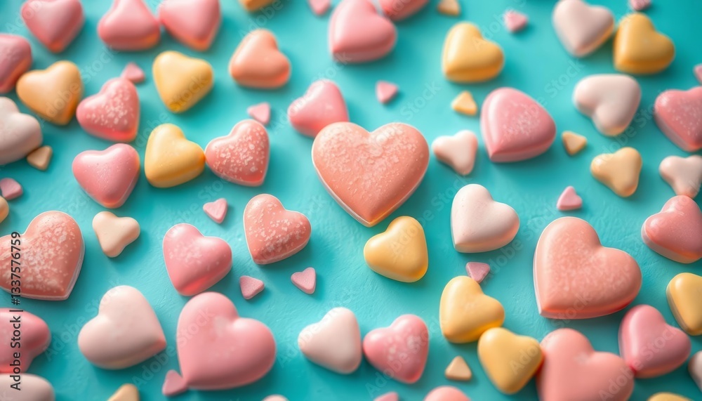 Fototapeta premium Pastel-colored candy hearts scattered on turquoise background, scattered, top view