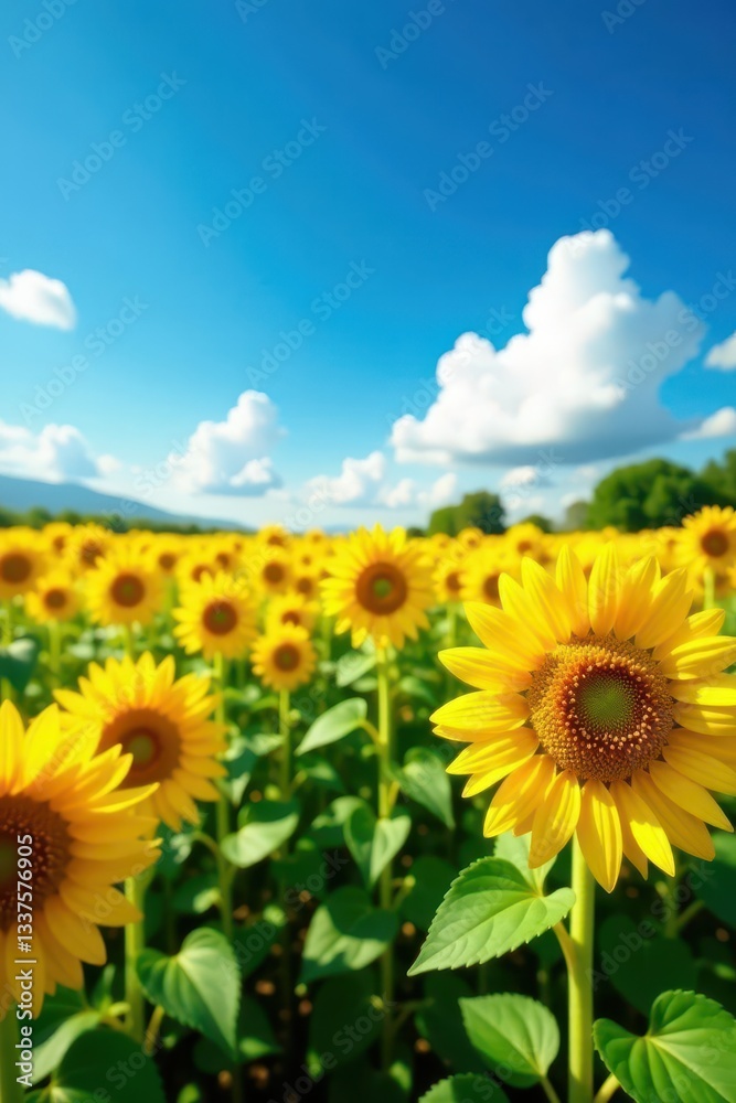 Fototapeta premium Vibrant yellow sunflowers dominate a vast blue sky field , flower, sky, view
