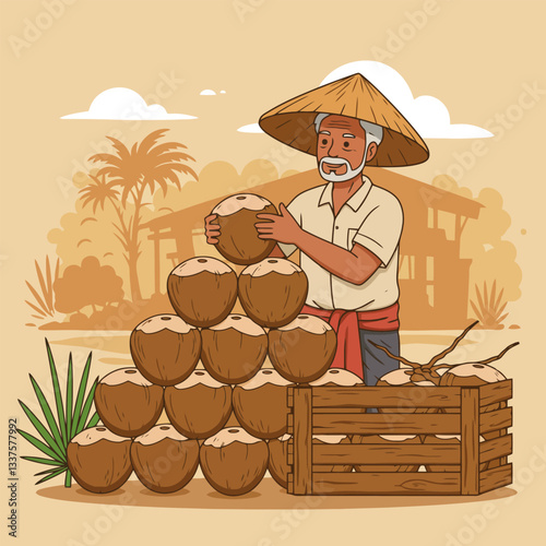 Farmer Stacking Coconuts in Tropical Setting for Market Sale