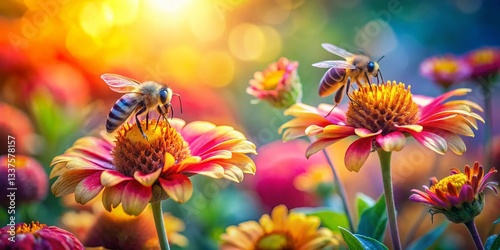 Busy Bee in Vibrant Flower Garden: Nature's Peaceful Harmony