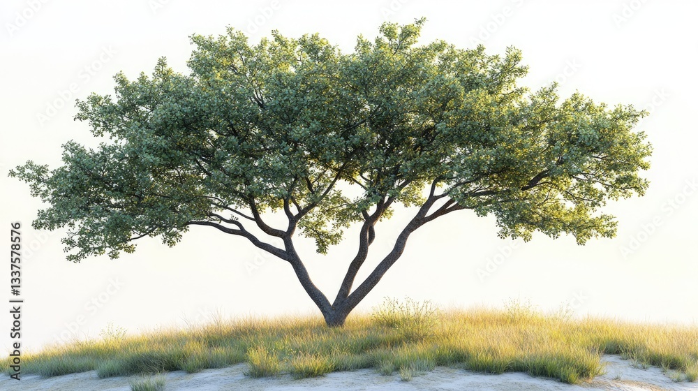 Fototapeta premium Isolated tree on a grassy hill. Lush foliage, elegant branches, simple, natural