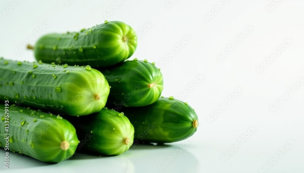Pile of juicy cucumbers with droplets of water on white surface, diet, raw Pile of juicy cucumbers with droplets of water on white surface, diet, raw