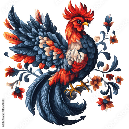Wallpaper Mural Ornamental rooster illustration with intricate floral details and vivid colors Torontodigital.ca