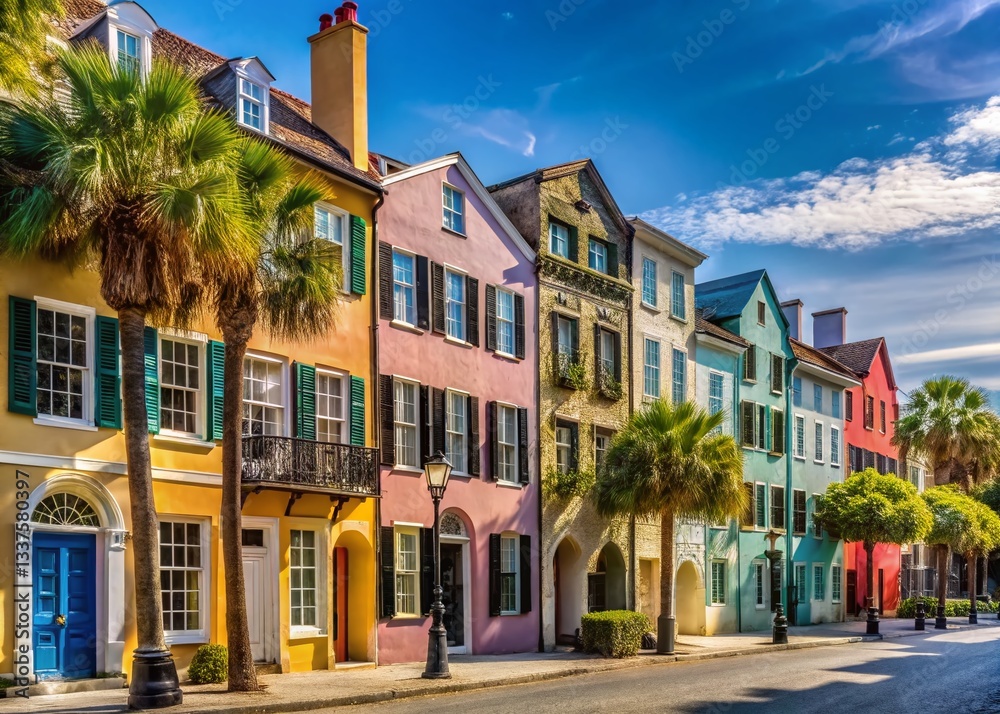 Fototapeta premium Charleston Rainbow Row Minimalist Photography: Colorful Historic South Carolina Houses
