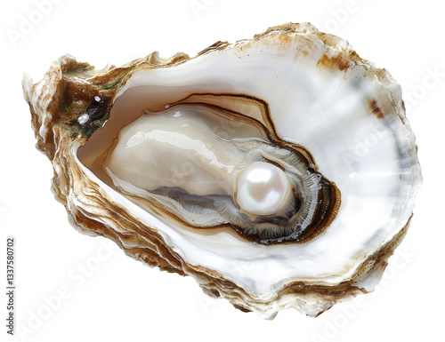 Close-up of open oyster with lustrous pearl, white and brown tones. Ocean treasure theme