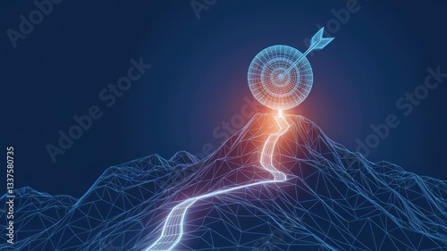 Wallpaper Mural Digital target on a peak of mountain. Abstract business goal and success concept. Road to the top. Futuristic low poly wireframe vector illustration. Leadership metaphor on technology blue background  Torontodigital.ca