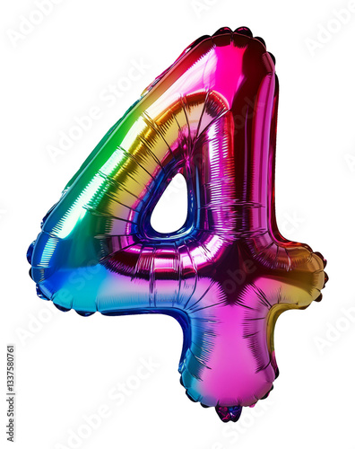 Colorful metallic balloon number 4 four on transparent background, party celebration concept