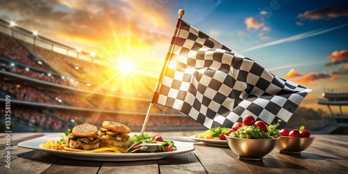 Fototapeta Naklejka Na Ścianę i Meble -  Checkered Flag Waving Over Race Track - Winning Food Photography