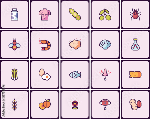 Colorful allergy icon set representing common allergens and reactions, visual guide