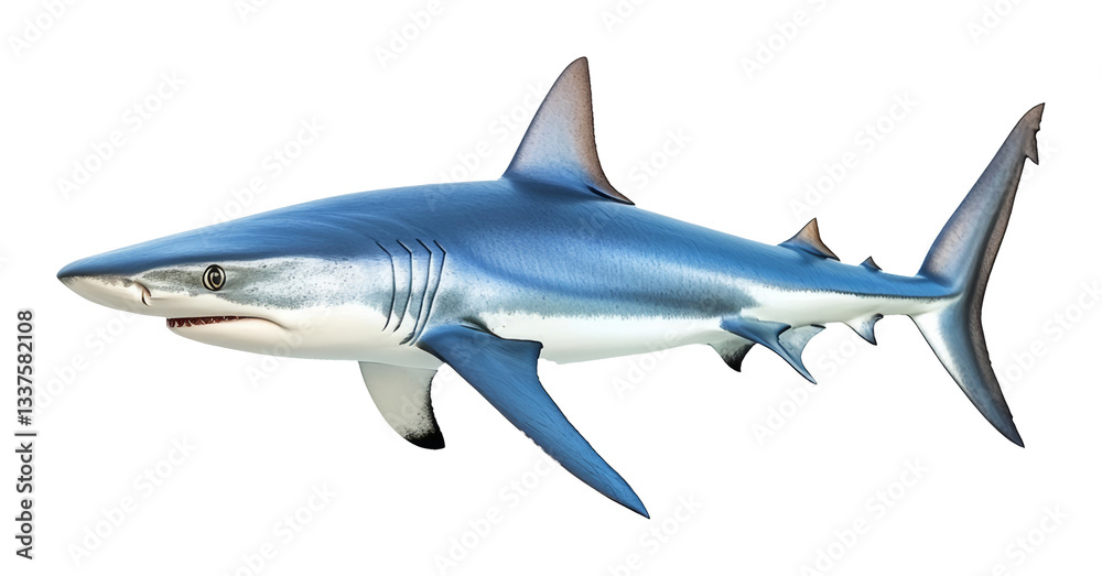 Realistic illustration of a blue shark on white, transparent background, marine wildlife concept