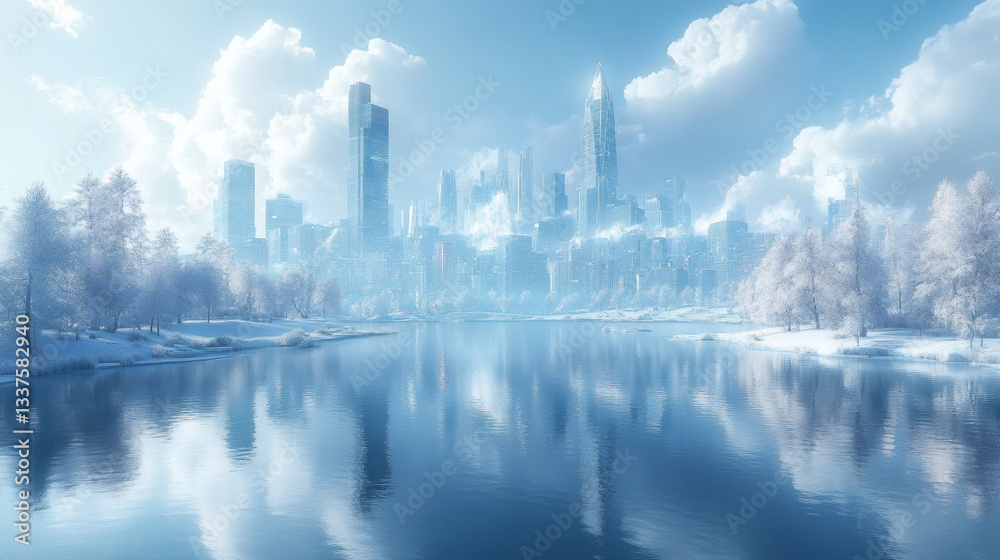Fototapeta premium Snowy Futuristic Cityscape Reflecting in a Frozen Lake