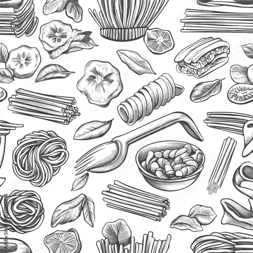 Raw Pasta Seamless Pattern Engraved Food Cooking Background