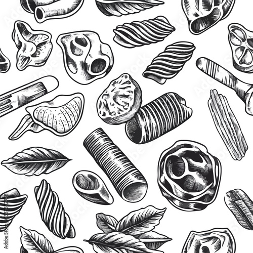 Raw Pasta Seamless Pattern Engraved Food Cooking Background
