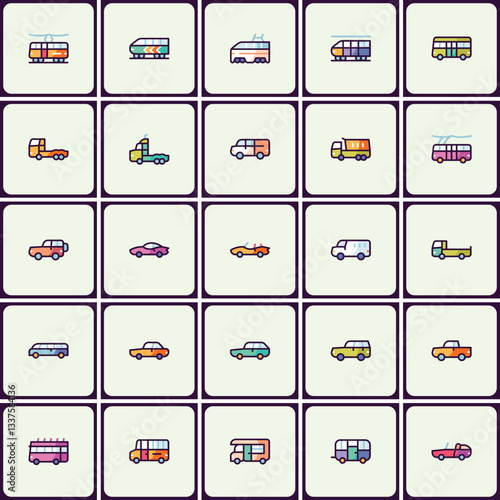 Collection of transportation modes in colorful outline style icon set