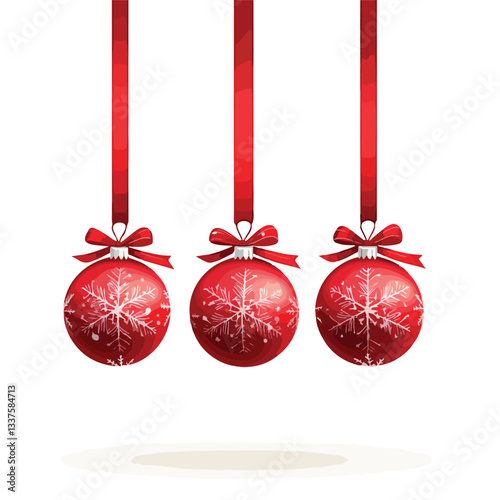 Festive Red Christmas Balls Hanging with Ribbon and Snow EPS