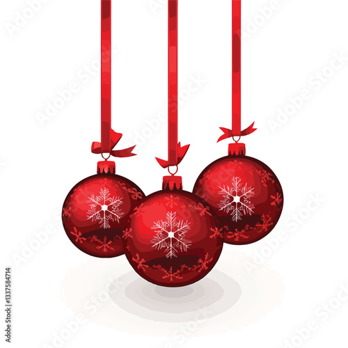 Festive Red Christmas Balls Hanging with Ribbon and Snow EPS