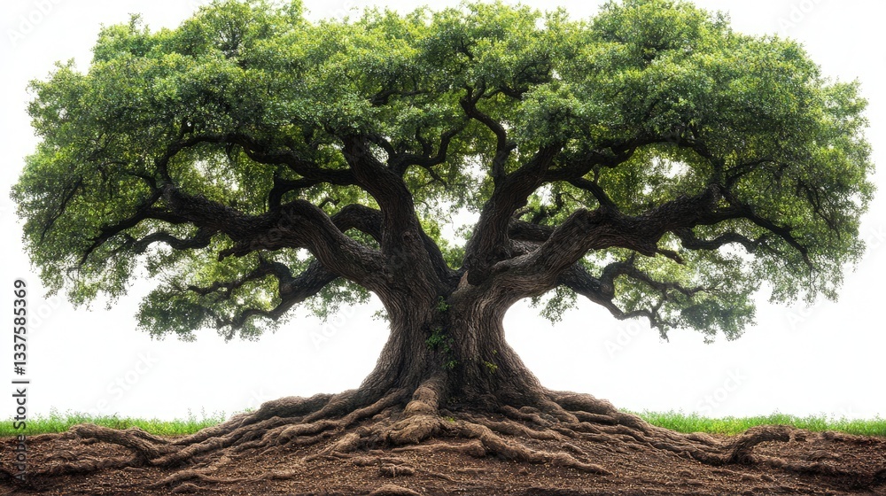 Obraz premium Majestic tree with extensive roots against a plain white background. Mature, strong, and grounded