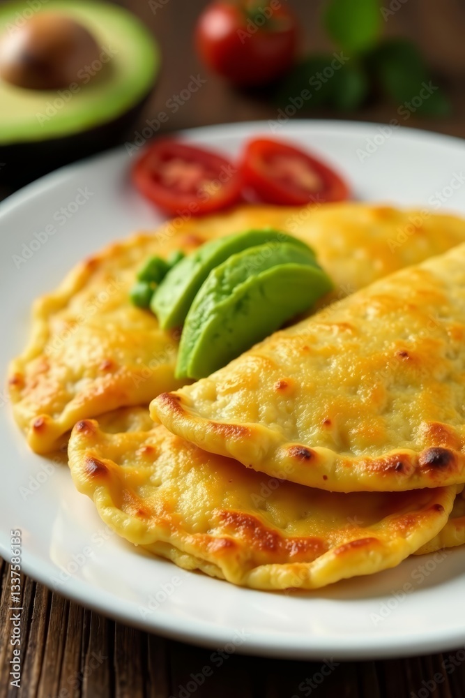 A close-up of golden brown arepas served on a white plate with avocado slices and melted cheese, delicious, meal, arepas A close-up of golden brown arepas served on a white plate with avocado slices and melted cheese, delicious, meal, arepas