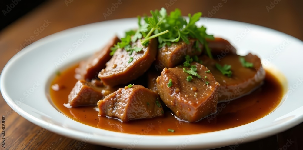 A close-up shot of braised beef brisket with rich brown gravy and herbs on a white plate, Gravy, Food, Brisket A close-up shot of braised beef brisket with rich brown gravy and herbs on a white plate, Gravy, Food, Brisket