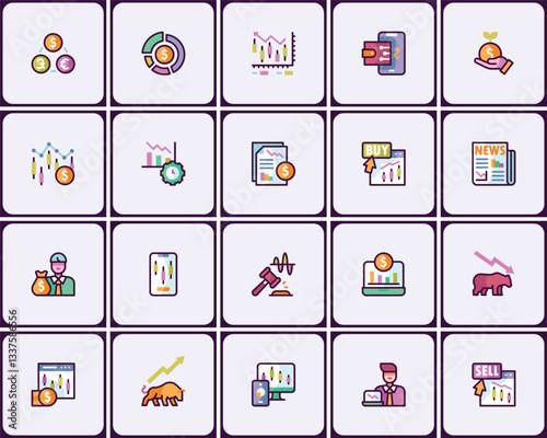 Diverse financial trading and investment concepts icon pack for digital design