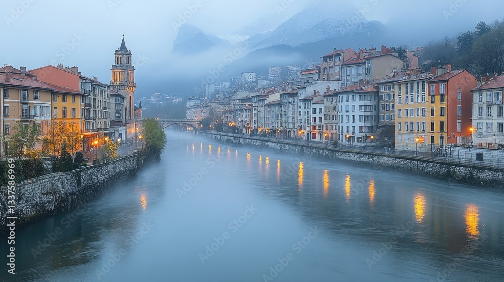 Fototapeta premium Misty river flowing through town at dawn