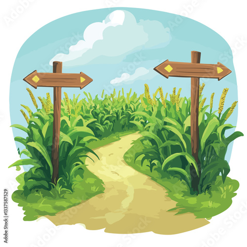 Scenic Fork in Road on Cornfield with Wooden Direction Sign EPS