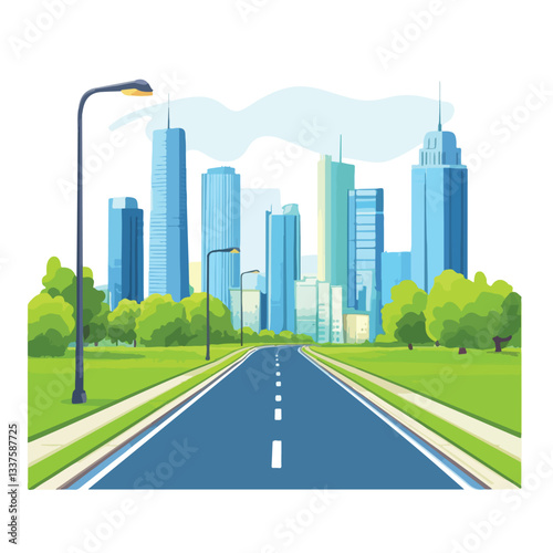Urban Landscape with Road Leading to Cityscape and Skyscrapers