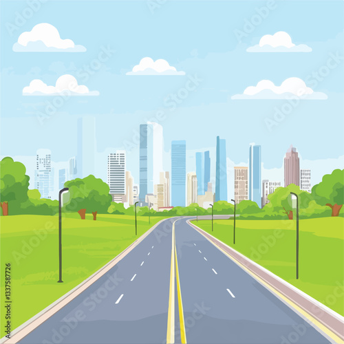 Urban Landscape with Road Leading to Cityscape and Skyscrapers