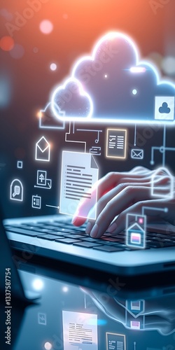 Person using a laptop with illuminated digital documents and electronic signature interface.
