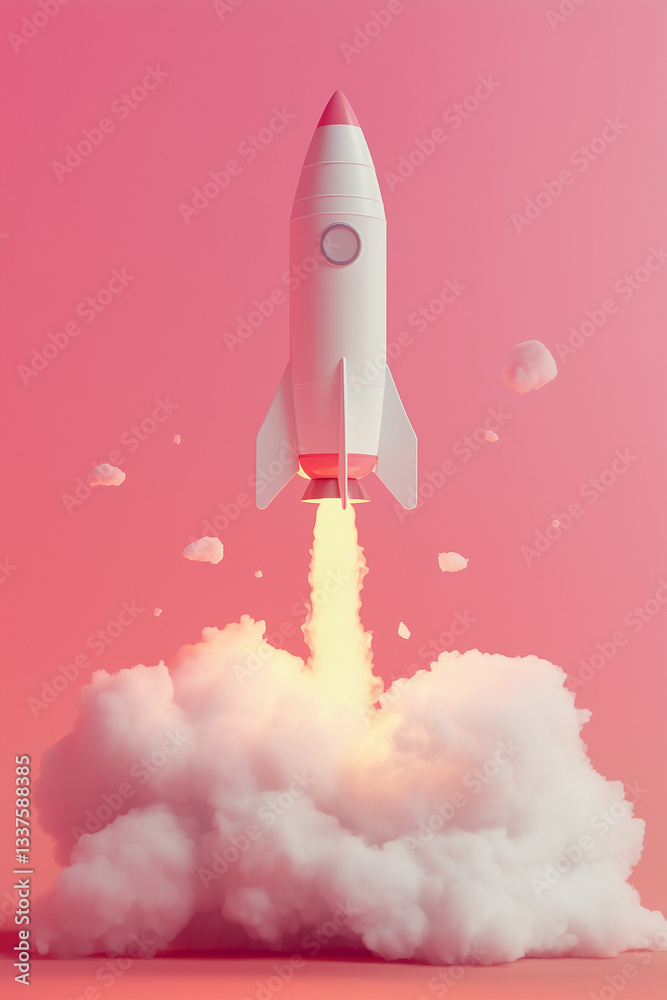 3D rocket launching with smoke trail isolated on solid color background 3D rocket launching with smoke trail isolated on solid color background