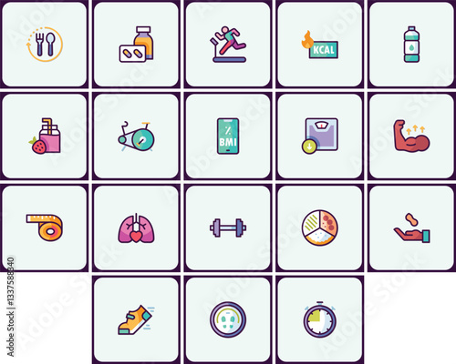 Collection of health and fitness icons for wellness concept design projects