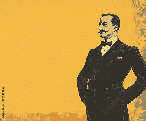 1800s advertising illustration of a man isolated on solid color background