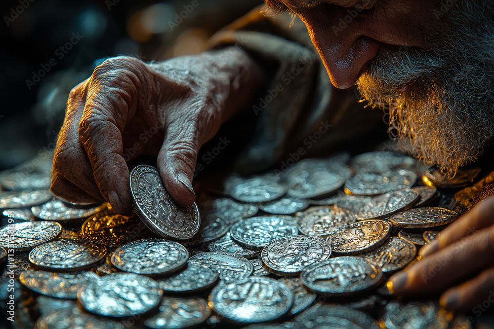 Props master polishes silver coins used as payment for betraying Jesus in acted-out scene. Concept of tangible fiction.
