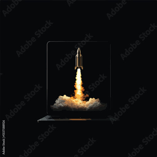 Rocket Launching from Laptop Screen on Black Background EPS