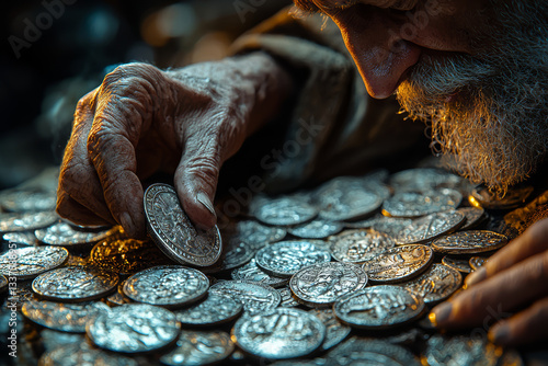 Obraz na płótnie Props master polishes silver coins used as payment for betraying Jesus in acted-out scene. Concept of tangible fiction. w salonie