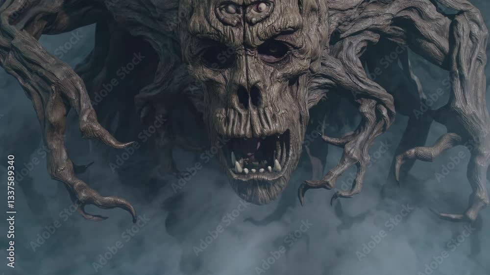 Supernatural wooden creature with skeletal features and gnarled branch-like appendages materializes through thick fog in dark forest environment