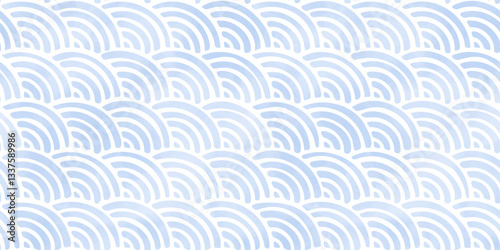 Hand drawn watercolor style blue Seigaiha wave, Japanese traditional pattern, Seamless vector background/手描きの水彩タッチの青海波（青）、日本の和柄背景