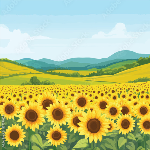 Sunny Rustic Sunflower Field Landscape with Bright Yellow Flower