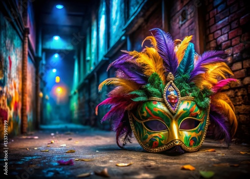 Colorful Mardi Gras Mask & Feathers, Urban Exploration Photography Background