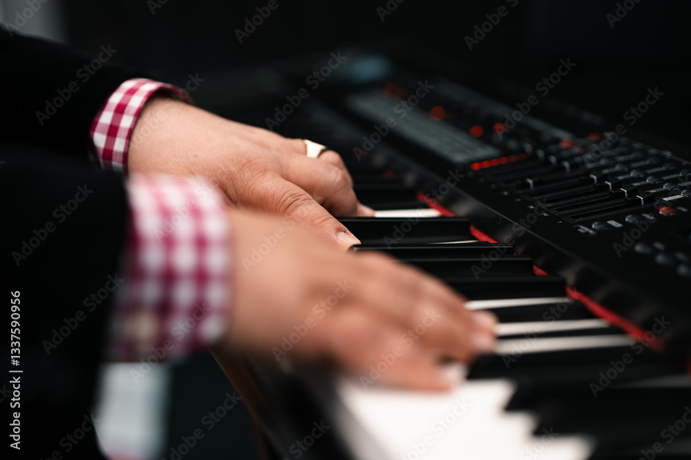 Obraz premium Piano player hands playing keyboard musical instrument music production studio