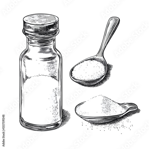 Salt Set with Salting Crystal Grains in Glass Shaker for Food Preparation