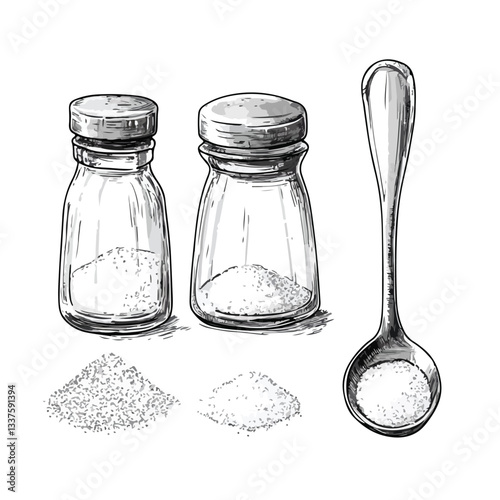 Salt Set with Salting Crystal Grains in Glass Shaker for Food Preparation