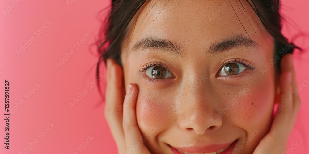 Fototapeta premium Woman showing beauty and smile while gently touching her face in a studio setting, expressing self-love and confidence against a pink backdrop